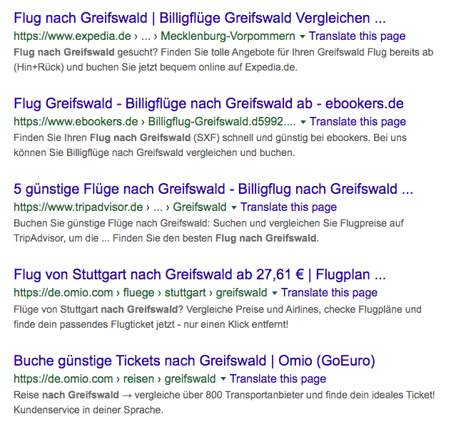 Ergebnisse für das Stichwort "Flug nach Greifswald" in der Google-Suche.