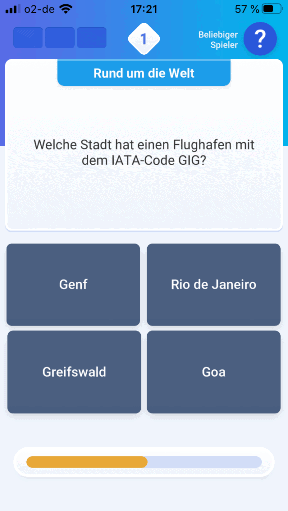 Screenshot der Quizduell App mit Frage nach dem Flughaben mit dem Kürzel GIG und vier Antwortmöglichkeiten, darunter Greifswald.